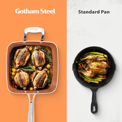Gotham Steel Nonstick Square Deep Frying Pan, 9.5” Large Cooking Pan with Ceramic Nonstick Coating, Deep Fryer Pot with Basket, 4 Pc Titanium Ceramic with Lid, Basket & Steamer Tray, Dishwasher Safe