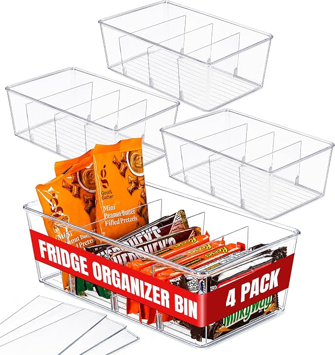 Oizeir Clear Pantry Organizer Bins 4-Pack - Fridge Organizer with 3 Removable Dividers - Kitchen Pantry Organizers & Storage - Storage Cabinet Snack