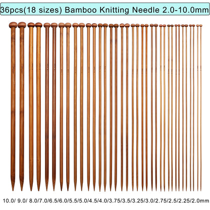 LOOEN Bamboo Knitting Needles Kit 36 Pcs Single Pointed Bamboo Knitting Needles 2.0 mm-10.0 mm + Weaving Tools Knitting Kits (Grey)