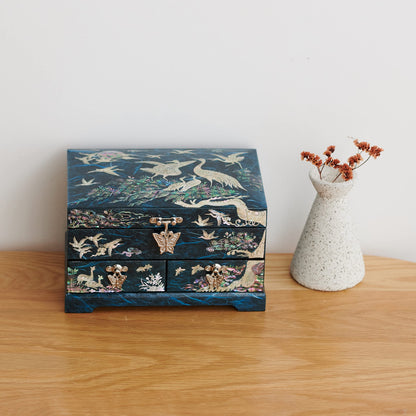 MADDesign Mother of Pearl Lacquered Jewelry Box Two Level Cranes Blue