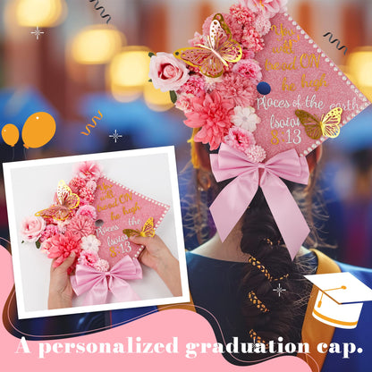 68 Pcs Pink DIY Graduation Cap Decorations Accessory Kit 3D Artificial Flowers Pink White Bows Butterfly Glitter Alphabet Number Pearl Stickers for DIY Hat Grad Cap Topper Graduation Party Supplies