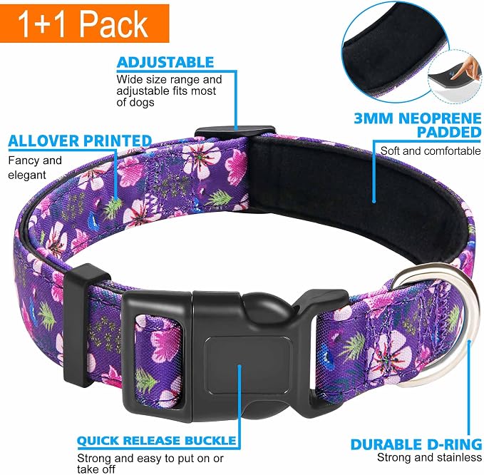 Ladoogo Reflective Dog Collar Padded with Soft Neoprene Breathable Adjustable Nylon Dog Collars for Small Medium Large Dogs (Medium (Pack of 1), Purple/Pink Floral Collar+Leash)