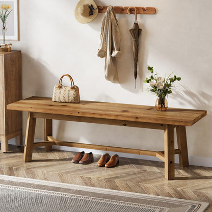 TRIBEWOOD 55" Solid Wood Bench, Farmhouse Long Bench Seat for Entryway, Dining Room, Living Room, Solid Wood, Rustic Brown