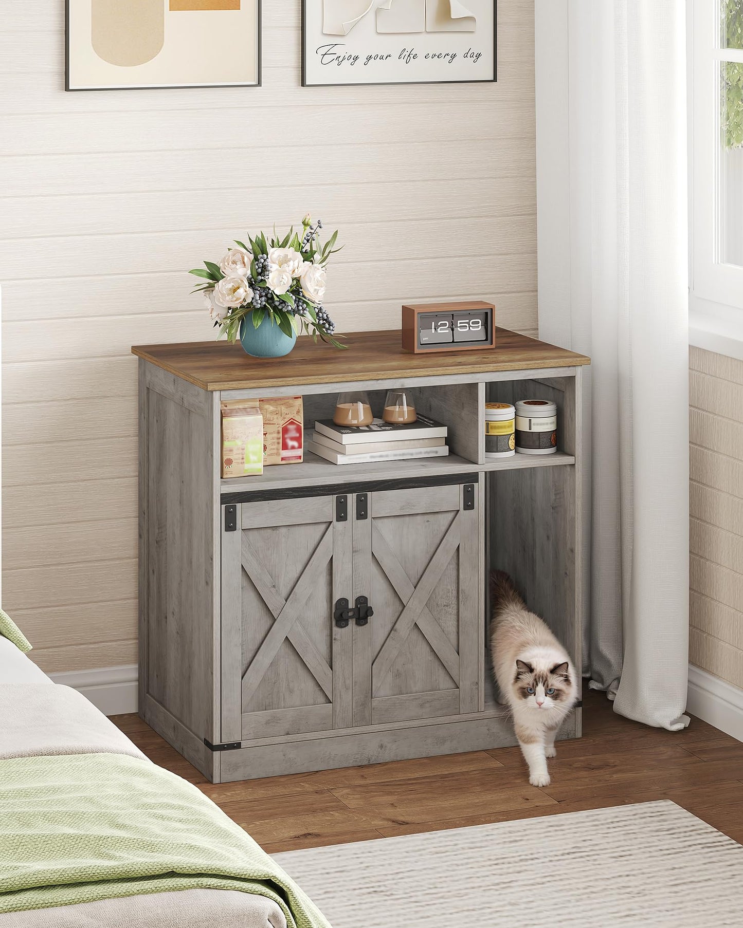 Hzuaneri Cat Litter Box Enclosure, Hidden Litter Box Furniture with Storage, Wooden Cat Cabinet with Scratch Pad, Farmhouse Cat Washroom, TV Stand End Table, Greige CB87505X