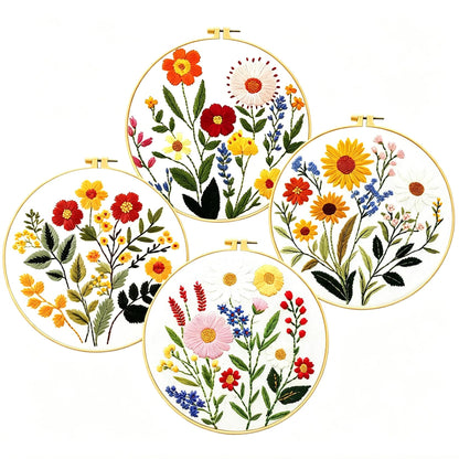 Zhenqing 4-Piece Floral Embroidery Kit for Beginners - Complete Set with Sunflower, Daisy Designs & Pre-Printed 29x29cm Cotton Fabric, Hoop, Threads & Tools(C0166)