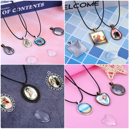 Aenezus Pendant Trays Set with Glass Cabochons for Jewelry Making - 90pcs, Includes 30pcs Bezel Pendants, 30 Glass Cabochons, 30 Necklace Cords