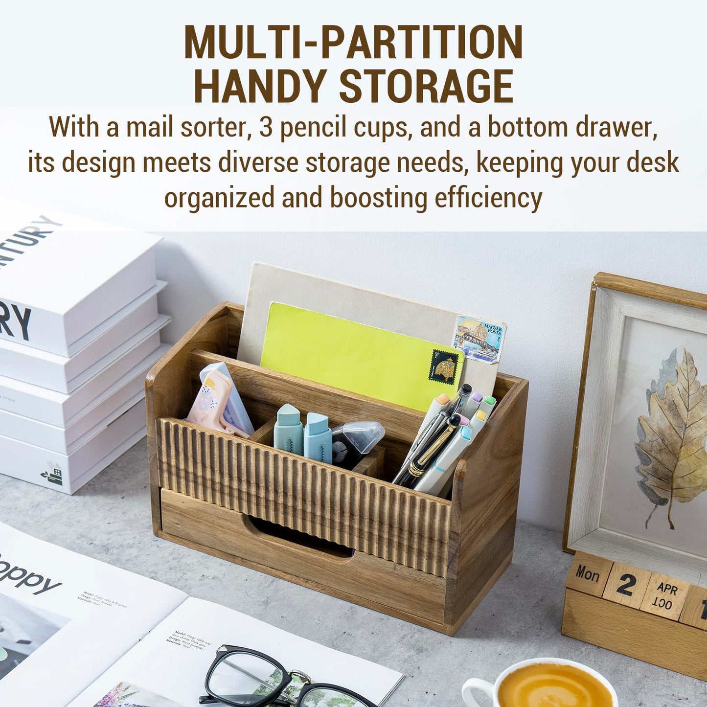 MyGift Premium Acacia Solid Wood Desk Organizer with Mail Sorter, 3 Pencil Cup Compartments & Bottom Storage Drawer, Office Supplies Organizer for Desk or Home Office