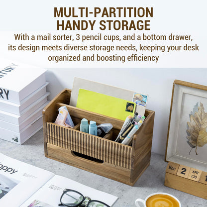 MyGift Premium Acacia Solid Wood Desk Organizer with Mail Sorter, 3 Pencil Cup Compartments & Bottom Storage Drawer, Office Supplies Organizer for Desk or Home Office