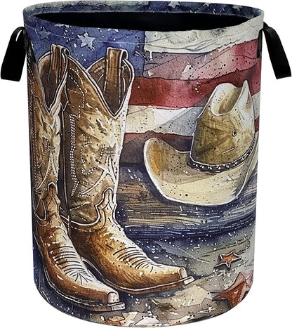 Cowboy Hat Boots Laundry Basket American Flag Oxford Cloth Laundry Hamper