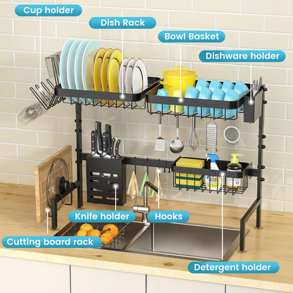MERRYBOX Over The Sink Dish Drying Rack, 2-Tier Height:20.7in,Length:25.6-33.5in Adjustable,Stainless Steel Dish Drainer with Cutting Board Holder,Large Kitchen Dish Rack Counter Organizer Space Saver