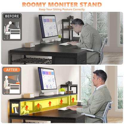 71" L Shaped Gaming Desk with 3 Drawers & Hutch,Computer Desk with Monitor Stand & Power Outlet,Home Office Desk Reversible Black Desk with LED Light,Printer Shelf for Home Office,Black Carbon Fiber