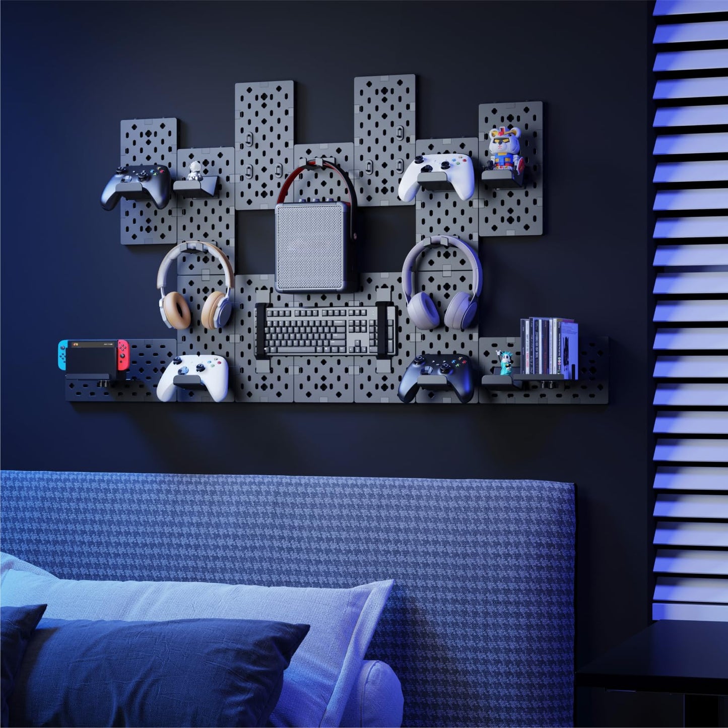 PEGZONE Controller and Headphone Holder Wall Mount, Modular Gaming Pegboard with Accessories, Controller Stand for Xbox PS5 PS4 Switch, Video Game Storage, Disc Shelf Organizer, 14pcs Pegboard, Black