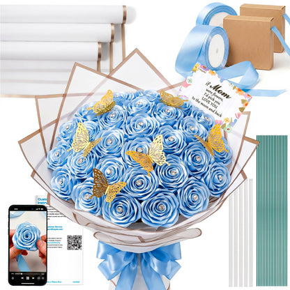 Caydo Sky Blue Ribbon Rose Bouquet for 2026 Graduation Gifts, 91PCS Ribbon Flower Making Kit with Floral Stem Wire, Wrapping Paper, Glue Stick, 3D Butterfly & Diamond Pins