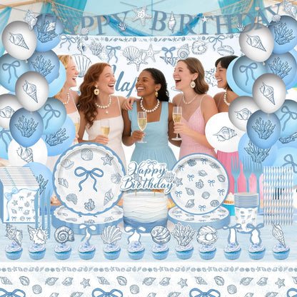Seashell Birthday Party Decorations Include Balloons-Cake Topper-Cupcake Toppers-Banner-Backdrop-Plates-Beach Tablecloth-Napkins-Cups-Straw and Cutlery for The Summer I Turned Pretty Party Decor