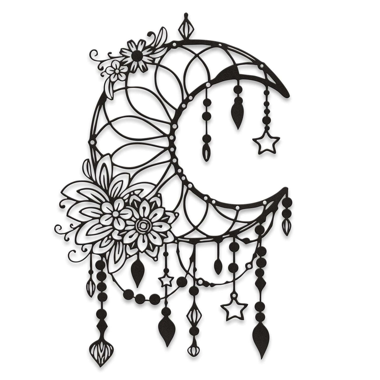 Xedatric Matte Black Moon Phase Wall Decor–Elegant Metal Moon Wall Art with Floral & Hanging Stars–Celestial Bedroom Decor for Indoor & Outdoor