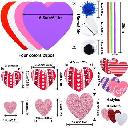 JULBEAR 700 Pcs Valentine's Day Foam Heart Ornaments Craft DIY Kit with Foam Hearts Self-Adhesive Stickers Glitter Pom-poms Wiggle Googly Eyes Satin Cords for Kids Valentine Decoration Craft Supplies