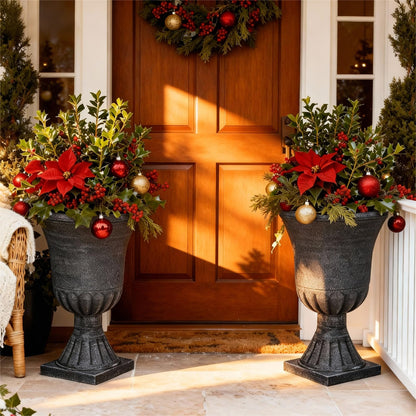 Autodaya 22" Tall Plastic Urn Planters Set of 2, 3D Textured Washed Black Finish Pedestal Plant Pots, Weather-Resistant Large Flower Pots for Front Porch, Patio, Garden & Indoor Use