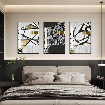 QKF bright abstract geometric wall decoration, modern minimalist black and white wall art, suitable for bedroom, living room, bathroom, office, home poster printing 16 "X 24" inch 3-piece set