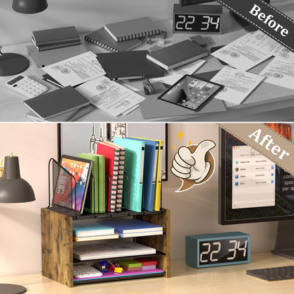 4-Tier Desk Organizer, Desk File Organizer with 5 Vertical File Holders, Office Desktop Organizer with 3 Level Paper Organizer Letter Tray, Wooden Desk Organizers and Accessories for Home Office