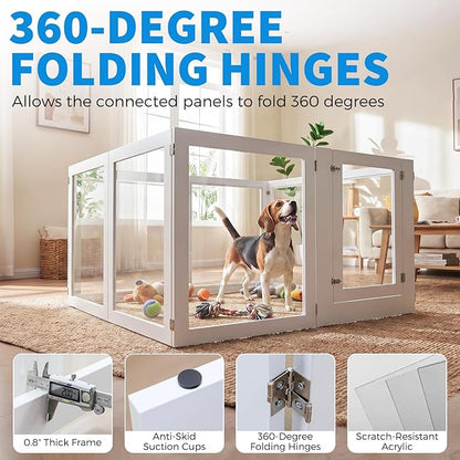 Heavy Duty Clear Acrylic Dog Playpen for Small/Medium Pets – 32" High Clear Pet Pen with Sturdy Metal Frame, Walk-in Kennel, Expandable Indoor & Outdoor Pet Play Yard (White, 8 Panels Including Door)