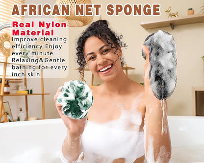 2 Pack African Net Sponge Exfoliating Body Scrubber Bath Sponge for Daily Use (Black+Dark Green)