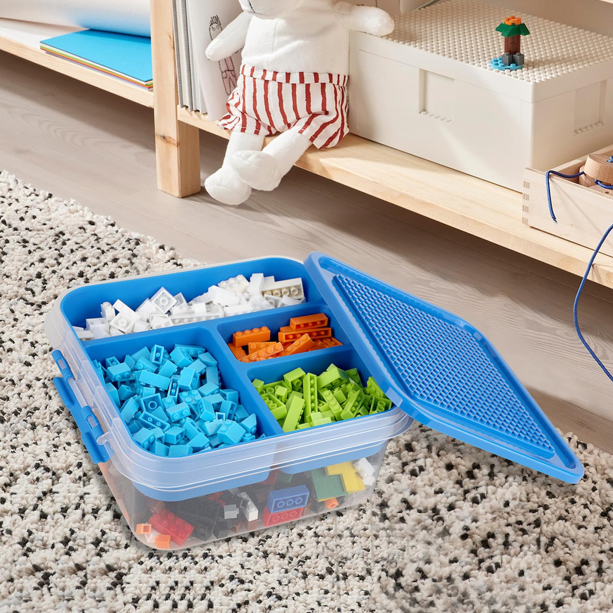 OGANAZI Plastic Storage Container with Bricks Baseplate Lid for Building Blocks, Bricks Building Set Organization Bin with Compartments Tray, Stackable Storage Box Building Block Chest Case (Blue)