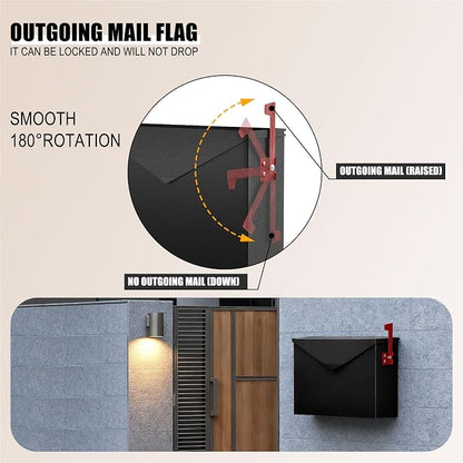 Large Capacity Wall Mount Mailbox with Outgoing Mail Flag, 14.2”x10.4”x4.3” Steel Mail Box for Outside, Rust-Proof Galvanized Steel Post Box, Quiet Stay-Open Lid Smooth Operation Mailboxes