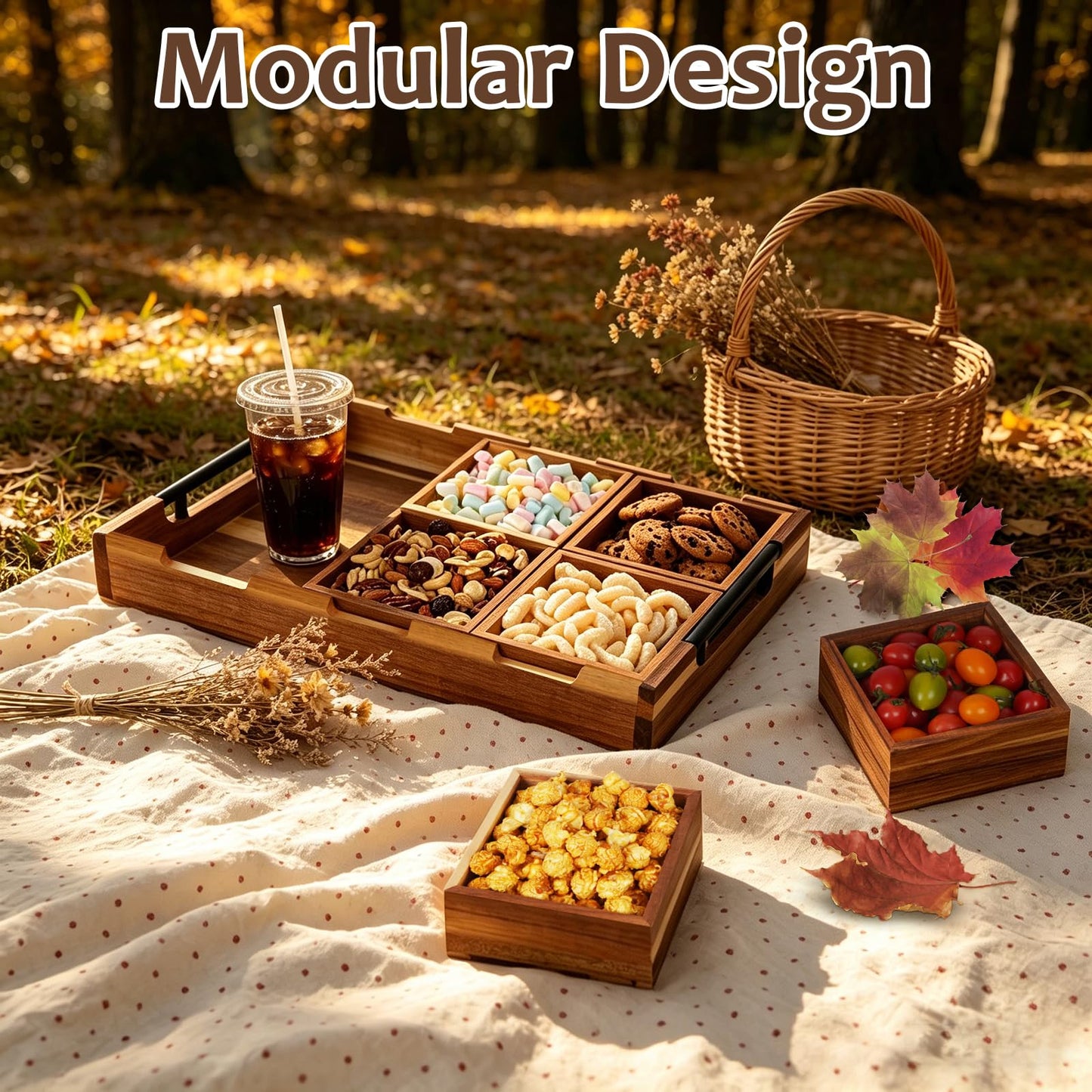 Exttlliy Acacia Wooden Modular Serving Tray with Handle, Set of 6 Rectangular Trays for Charcuterie, Fruit, Snacks, Appetizers & Desserts, Serving Platter for Parties, Home Decor & Coffee Table
