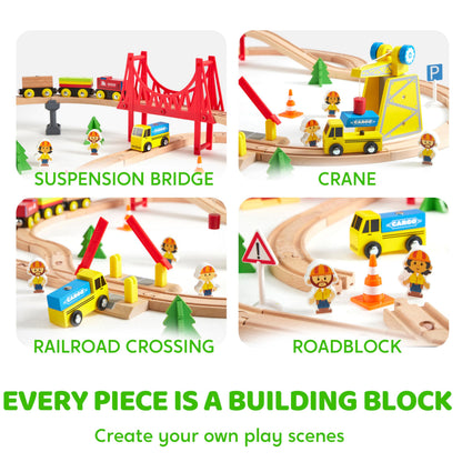 60PCS Wooden Train Set - Toy Magnetic Trains with Wooden Track Set for Kids Ages 3-8, Construction Crane Railway Set, Perfect Easter Birthday Gift for Grandkids Toddlers Boys Girls