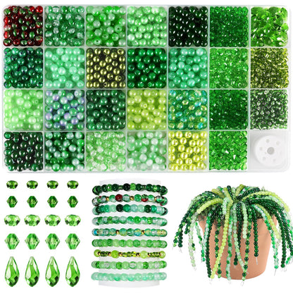 Funtopia 1600pcs Green Glass Beads for Bracelets, 6mm Crystal Beads for Jewelry Making Beaded Plants, Round Glass Beads with Faceted Bead Seed Beads for DIY Plant Making Crafts Earrings Necklace