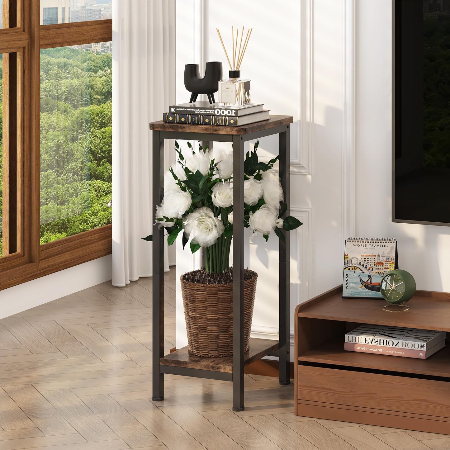 Homeiju 2-Pack Plant Stand Indoor, 2 Tier Wood Corner Plant Stand, Modern Square Plant Shelf Flower Stand for Living Room Patio Balcony Garden, Rustic Brown