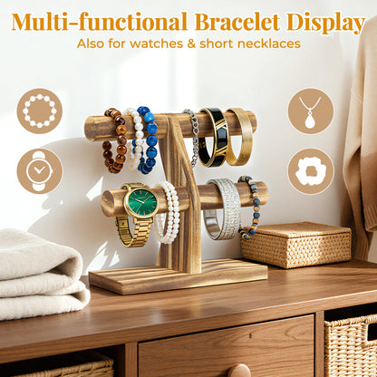 EsLuker.ly Bracelet Holder Display Wooden Stand Organizer, T Bar Bangle Storage Rack for Home Vendors Business Selling, Large Capacity 2 Tier Jewelry Tree Tower for Watches, No Clutter, Rustic Brown