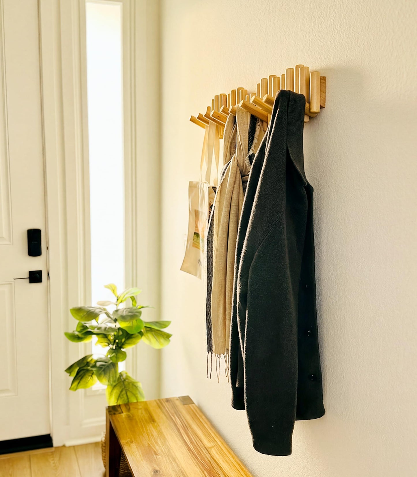 Flynt Ave. Modern Wooden Wall Mounted Coat Rack, 5-Hooks, Decorative Wall Hooks for Purse, Bags & Hats, Heavy Duty, Sturdy, Natural Pine Wood, Pull Down Hooks, Easy to Install