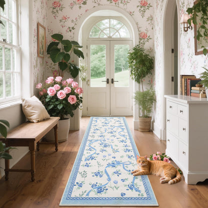 GarveeHome Runners for Hallways Non Slip, 2x6 Kitchen Runner Rug Blue and White Rugs for Bedroom Girls, Low Pile Soft Washable Runner Floral Bow Rug for Nursery Entryway Dorm