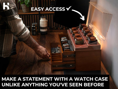 Premium 17 Slot Watch Box for Men - Extra Large Wooden Watch Display Case with Hinged Cover, Leather Lining & 2 Drawers - Watch Holder Organizer Stand - Handcrafted Luxury Father's Day Present for Men