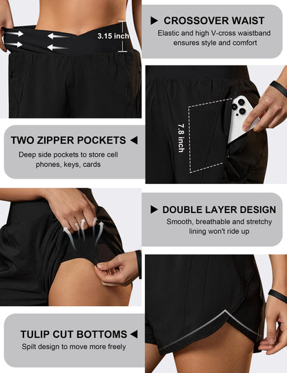 Blooming Jelly Women's Workout Shorts Athletic Running Elastic High Waisted Black Gym Yoga Shorts with Zipper Pockets (Black,Medium)