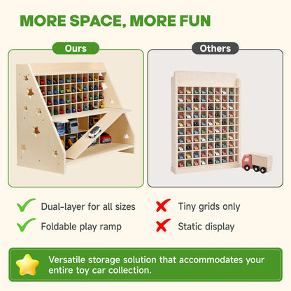 Essenhome Wooden Toy Car Garage Storage Organizer - 70+ Car Display Shelf with Foldable Racing Ramp, Dual-Layer Storage for Large Trucks & Small Cars, High-Density Plywood Nursery Furniture for Kids