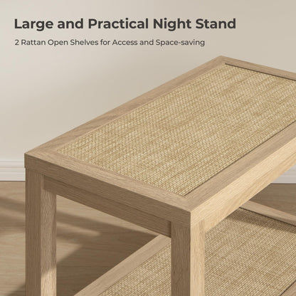 SICOTAS Rattan Nightstand Bedside Table - Farmhouse Boho Narrow Accent End Table with 2 Open Rattan Shelves for Bedroom, Living Room, Small Spaces - Light Oak