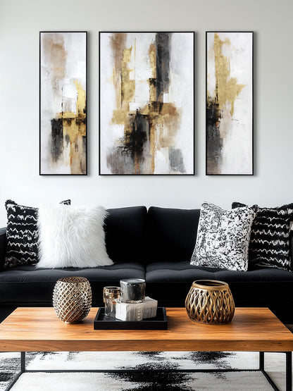 3-Piece Black & Gold Abstract Wall Art - Modern Textured Canvas Prints with Hand-Applied Brush Strokes, Large Wall Decor for Living Room, Bedroom, or Office, 2 x 12 x 36 and 1 x 24 x 36 Inches