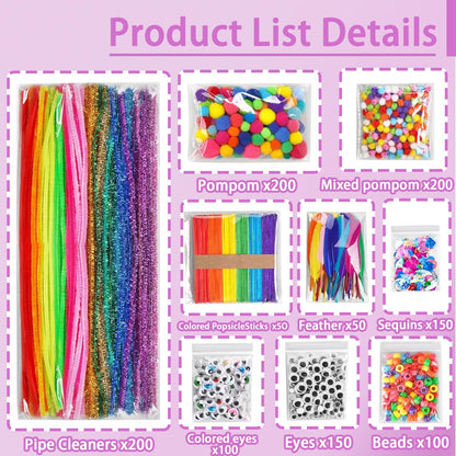 FUNZBO 1200pcs+ Craft Kits with Pipe Cleaners, Pom Poms for Crafts, Popsicle Sticks for Craft, Arts & Crafts Supplies for Kids Ages 4-8 Girls & Boys Birathday Gifts