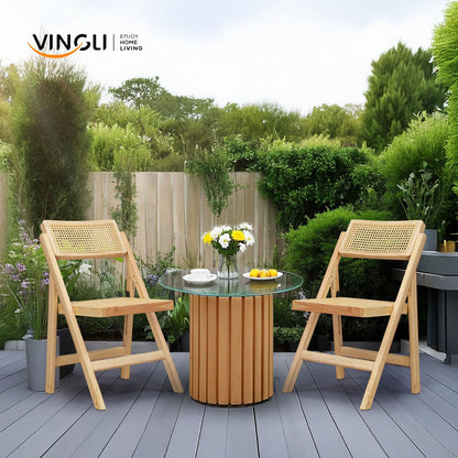 VINGLI 2 Pack Rattan Wooden Folding Chair, Dining Folding Chair with 360° Swivel Backrest, Sturdy Rubberwood Frame and Rattan Woven Seat and Back, Natural Color, Set of 2
