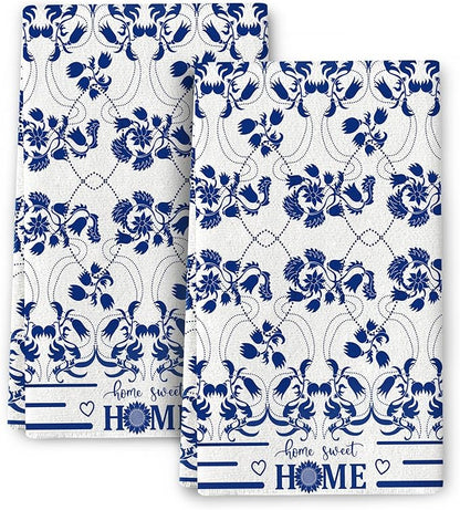 Blue Kitchen Towels Decorative Set of 2, Absorbent Boho Floral Dish Towels