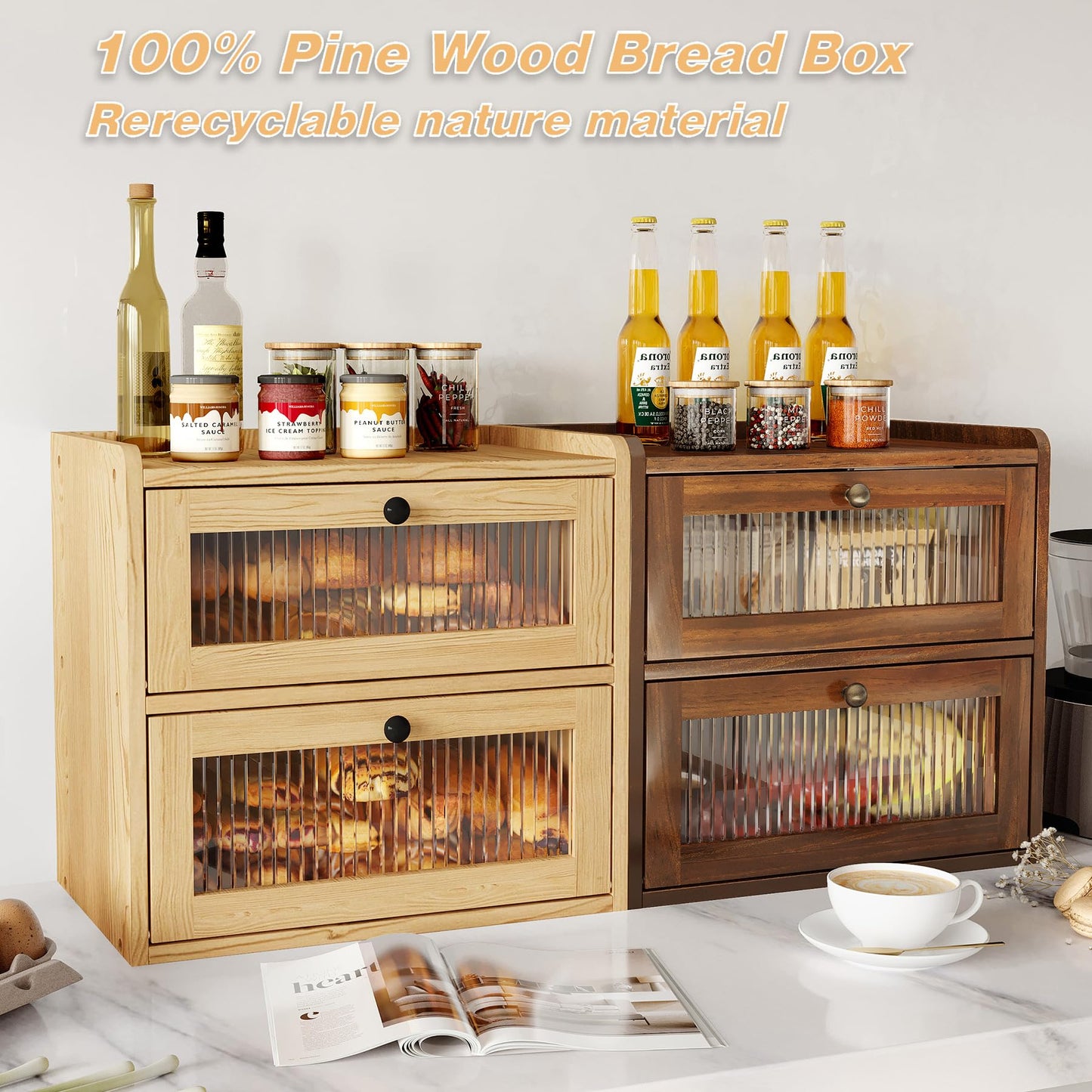 Alpeir Double Layer Large Bread Box for Kitchen Countertop, Retro Brown