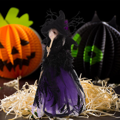 Alipis Halloween Witch Tree Topper, Black Witch Doll Ornament with Black Pointed Hat and Flying Broom Christmas Tree Top for Desktop Treetop Fireplace Halloween Decor