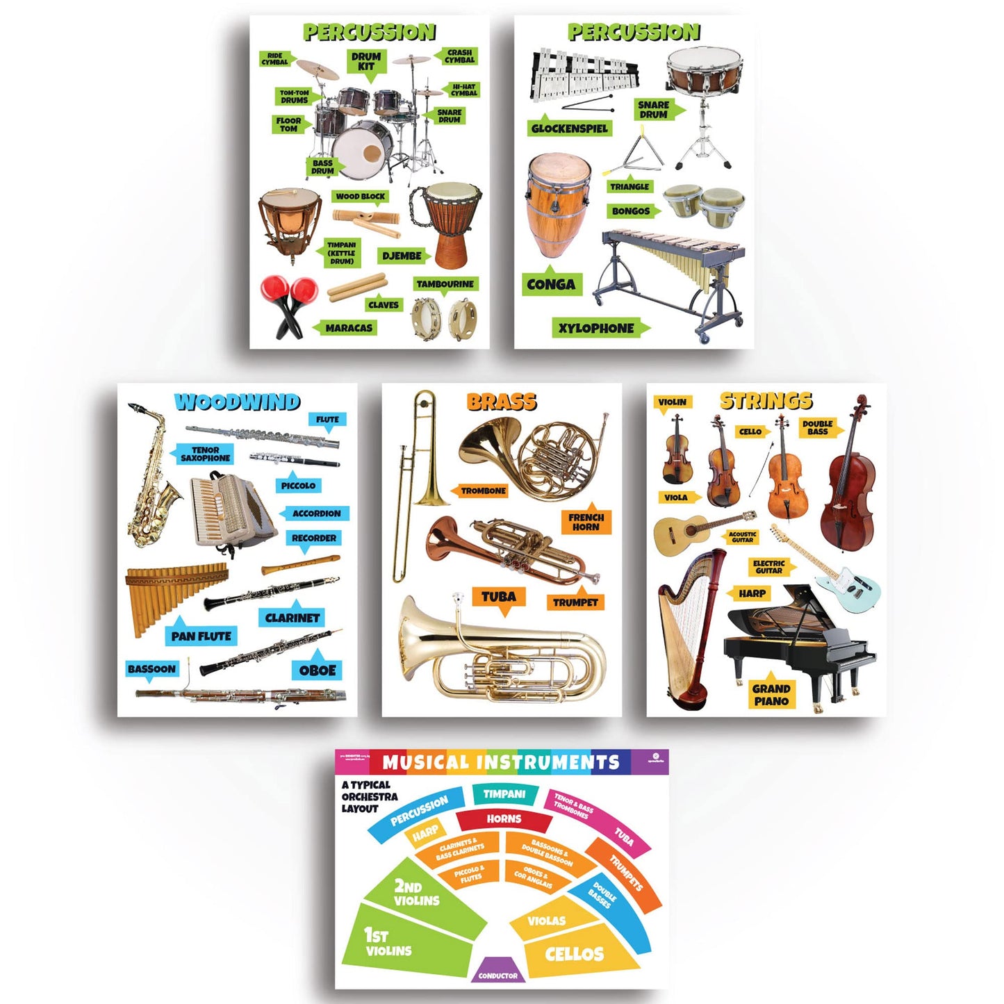 Sproutbrite 6 Pack 11.5"x16" Music Posters for Classroom – Music Classroom Decor for Elementary, Middle and High School - Builds Understanding of Musical Instruments