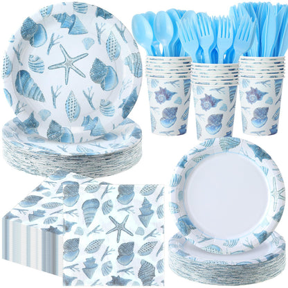 Pickmesh 400 Pcs Under The Sea Party Decoration Set, Ocean Seashell Paper Plates and Napkins, Shell Cups and Cutlery Supplies Ocean Themed Birthday Party Tableware, Serve for 50 Guests