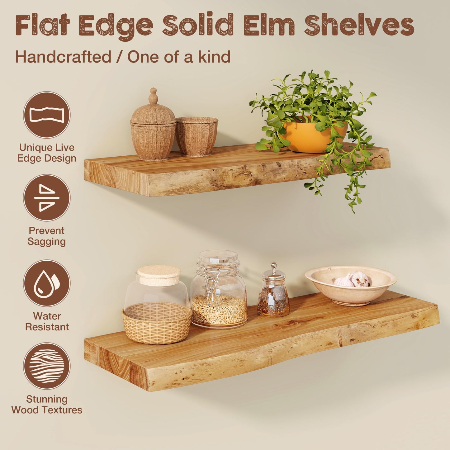 fuqing Live Edge Floating Shelves for Wall 30 inch, 8 Inch Deep Solid Elm Wood Floating Wall Shelves - Rustic Wooden Shelves with Invisible Brackets for Living Room Bedroom Kitchen, 2 Pack, Natural