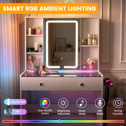 Cielozen Makeup Vanity Desk with LED Mirror & RGB Lights, Glass Top Vanity Table for Women, Adjustable Brightness & 3 Color Modes, 2 Drawers Storage, White Modern Bedroom Vanity Set