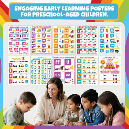 Sproutbrite 12 Pack (12"x16") Educational Poster Bundle for Toddlers Phonics Vowels Poster Language Arts Charts for Preschool, Homeschool Motivation - Inspired Learning Charts that Helps Toddlers Understand Vowel Sounds and Syllable Patterns Easily