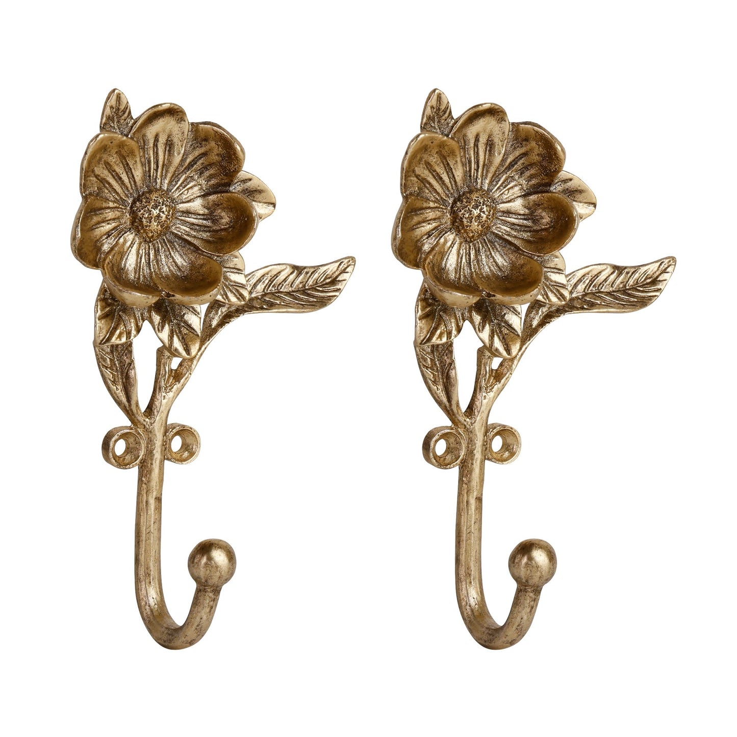 SOFFEE DESIGN 2PCS Golden Flower Metal Hooks, Heavy Duty Coat Hanger for Entryway Bathroom Living Room, Vintage Style Robe Hook